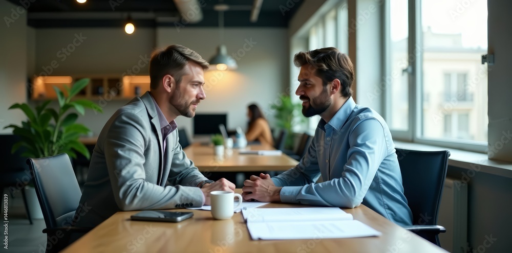 Two business colleagues having a discussion at desk in modern office, desk, meeting, teamwork Two business colleagues having a discussion at desk in modern office, desk, meeting, teamwork