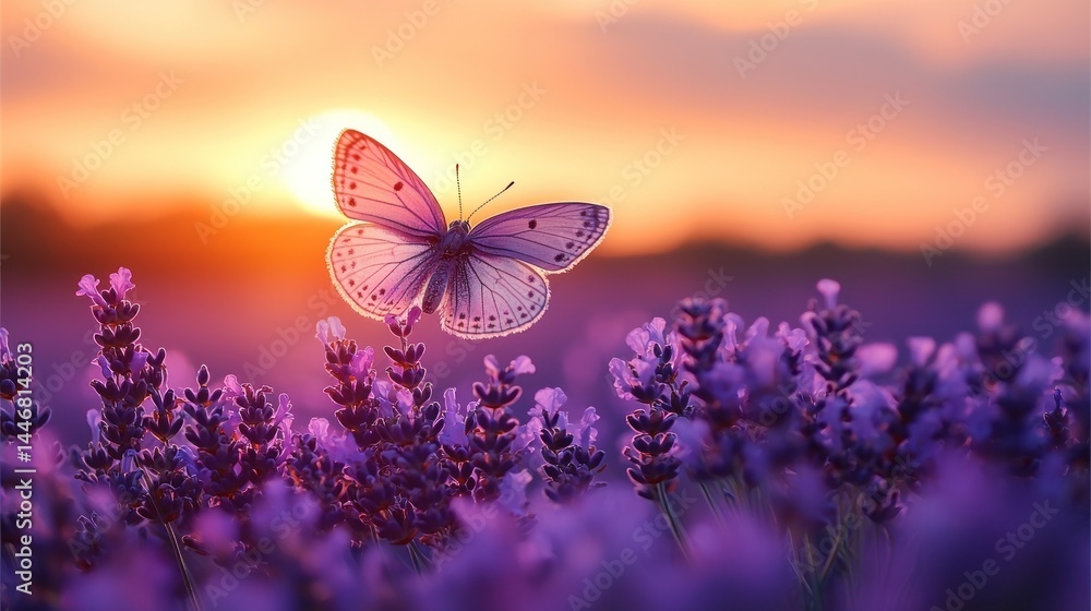 Naklejka premium A butterfly soars over a lavender field at sunset