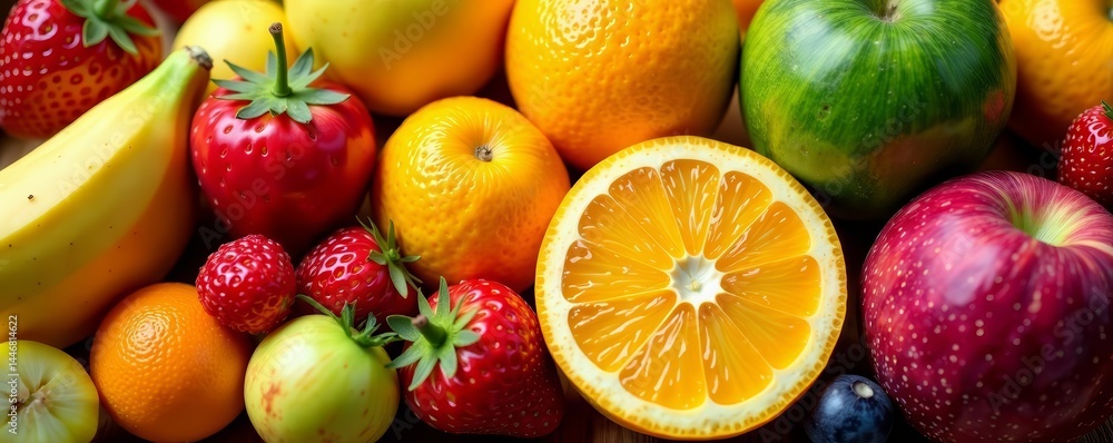 Various fresh fruits arranged in a colorful, artistic display, nutrition, isolated Various fresh fruits arranged in a colorful, artistic display, nutrition, isolated