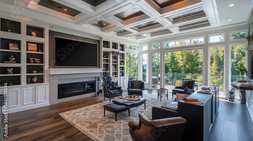 Luxurious Living Room with Coffered Ceiling and Panoramic Views