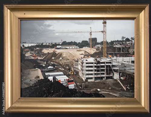 Construction site framed photo.  Urban development, cranes, buildings under construction.