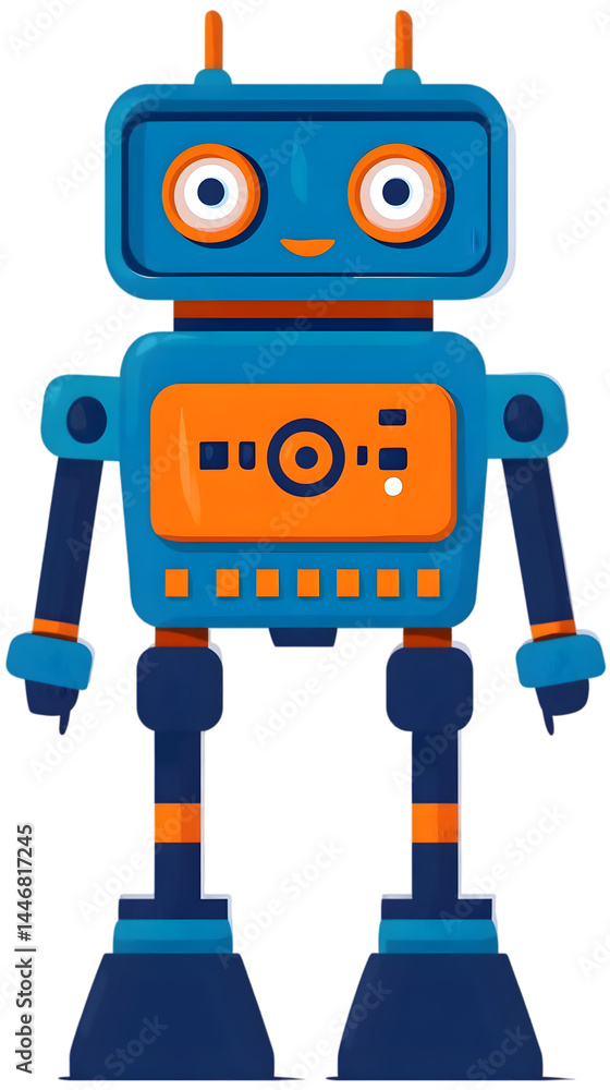 Cartoon Blue Robot Illustration with Orange Accents Isolated Transparent Background Cartoon Blue Robot Illustration with Orange Accents Isolated Transparent Background