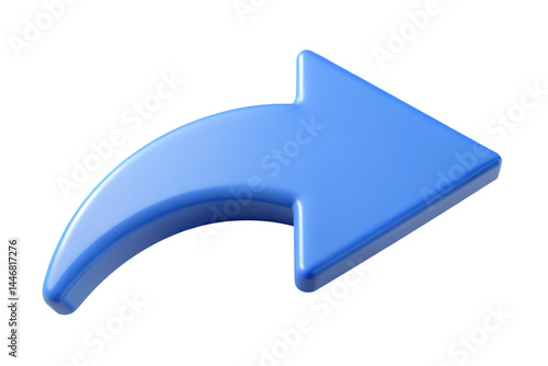 Shiny light blue arrow with curved tail pointing right isolated on high quality 3d rendering icon