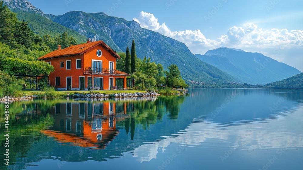 Naklejka premium Picturesque orange house reflects on a serene lake nestled between lush greenery and majestic mountains