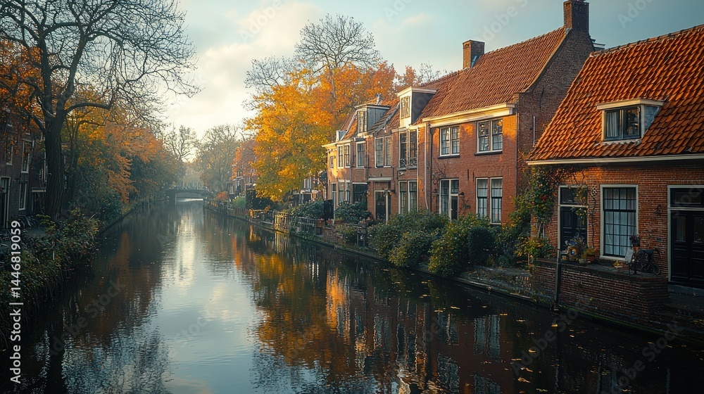 Autumnal Canal Scene with Historic Buildings Autumnal Canal Scene with Historic Buildings