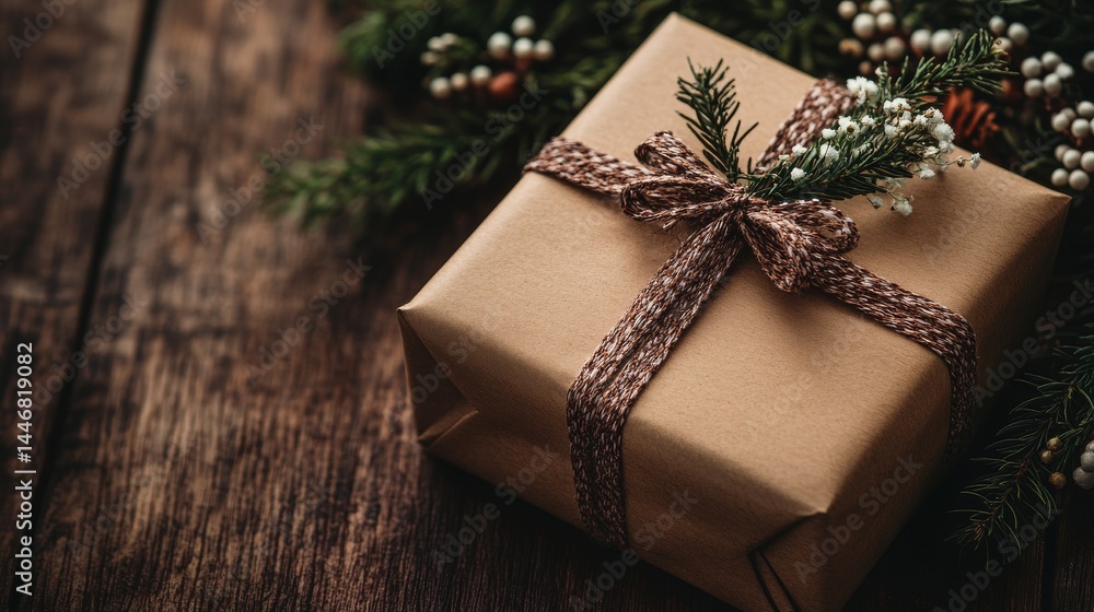 Elegantly Wrapped Gift with Festive Accents on Rustic Wood Surface, Offering a Warm and Inviting Holiday Atmosphere Elegantly Wrapped Gift with Festive Accents on Rustic Wood Surface, Offering a Warm and Inviting Holiday Atmosphere