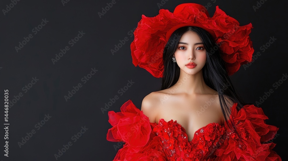 Elegant woman in a striking red gown and hat Elegant woman in a striking red gown and hat