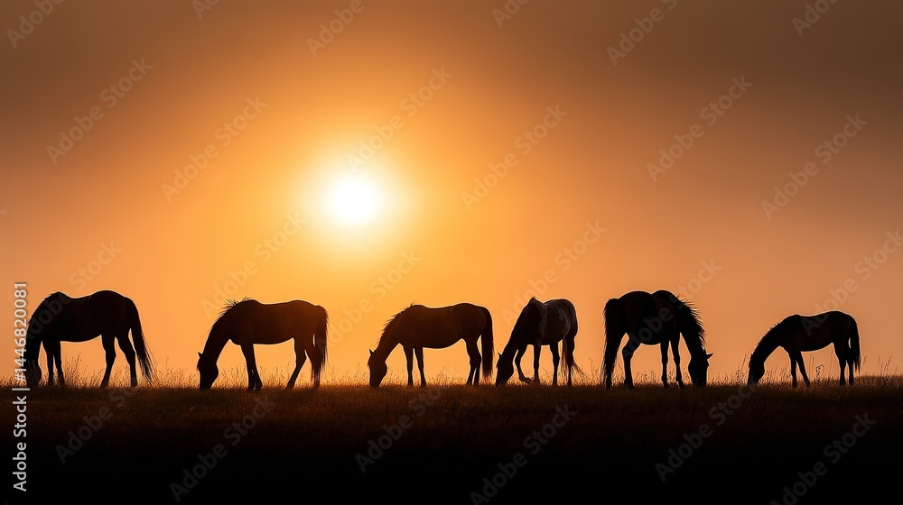 Silhouetted Thoroughbred Horses Grazing at Sunset in Peaceful Pasture, Scenic Equestrian Moment Silhouetted Thoroughbred Horses Grazing at Sunset in Peaceful Pasture, Scenic Equestrian Moment