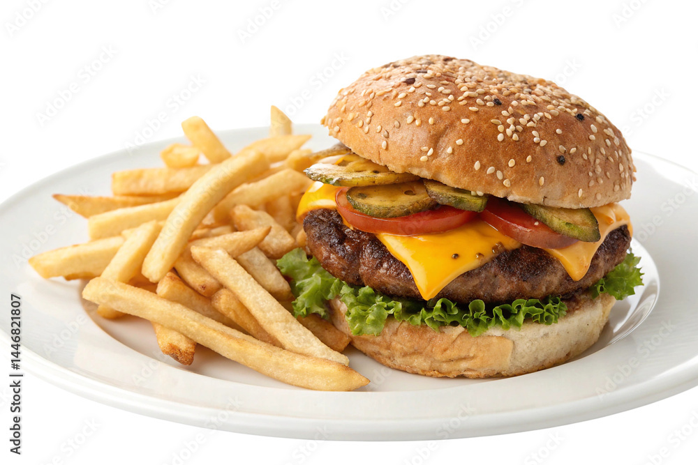 Top View of Classic Cheeseburger with French Fries on White Plate Isolated Top View of Classic Cheeseburger with French Fries on White Plate Isolated