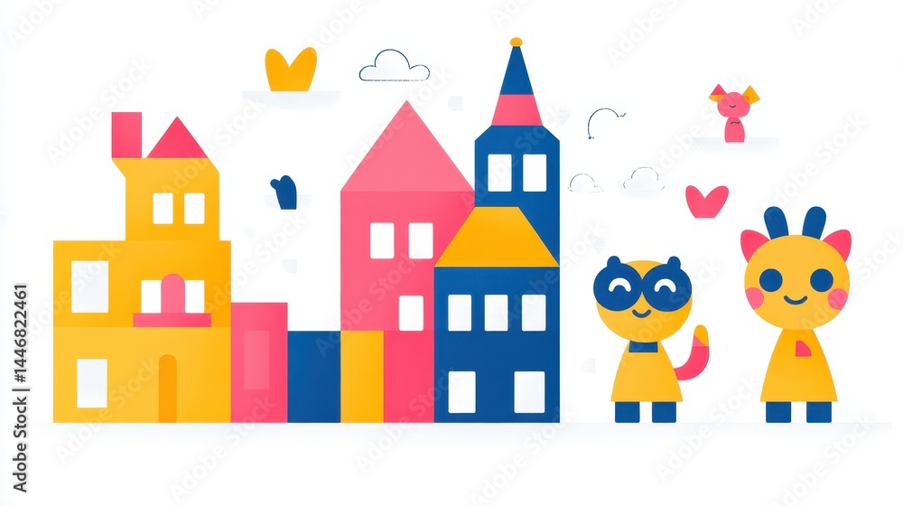 Whimsical pixelated cityscape with friendly cartoon animals enhancing playful atmosphere and evoking a sense of childhood joy ideal for creative projects Whimsical pixelated cityscape with friendly cartoon animals enhancing playful atmosphere and evoking a sense of childhood joy ideal for creative projects