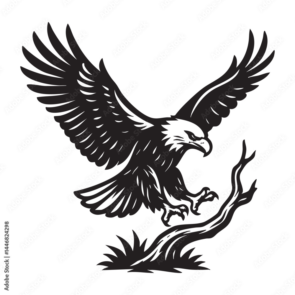 Fototapeta premium eagle landing on tree branch vector illustration