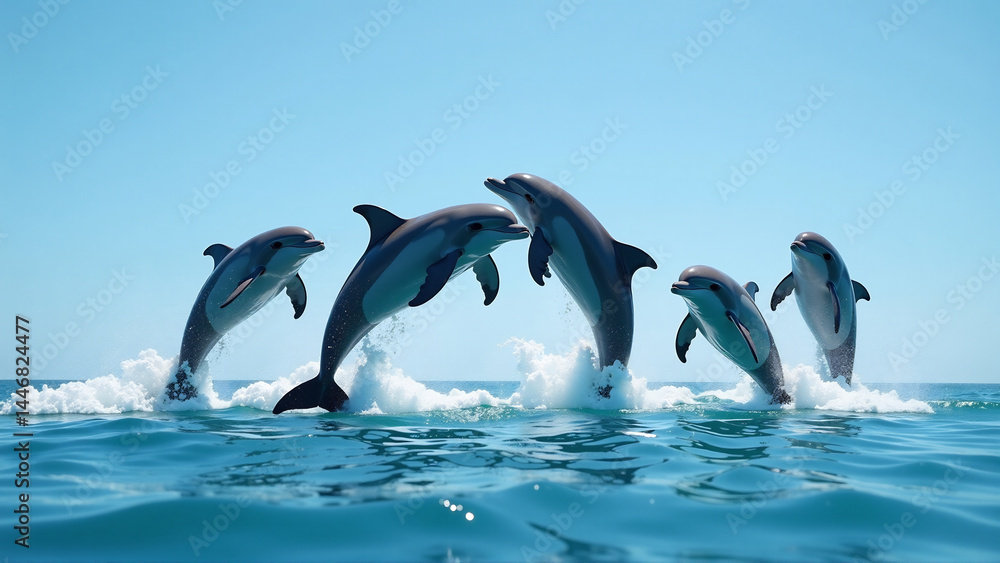 Fototapeta premium Ocean Ballet: Dolphins in Curved Formation Leap