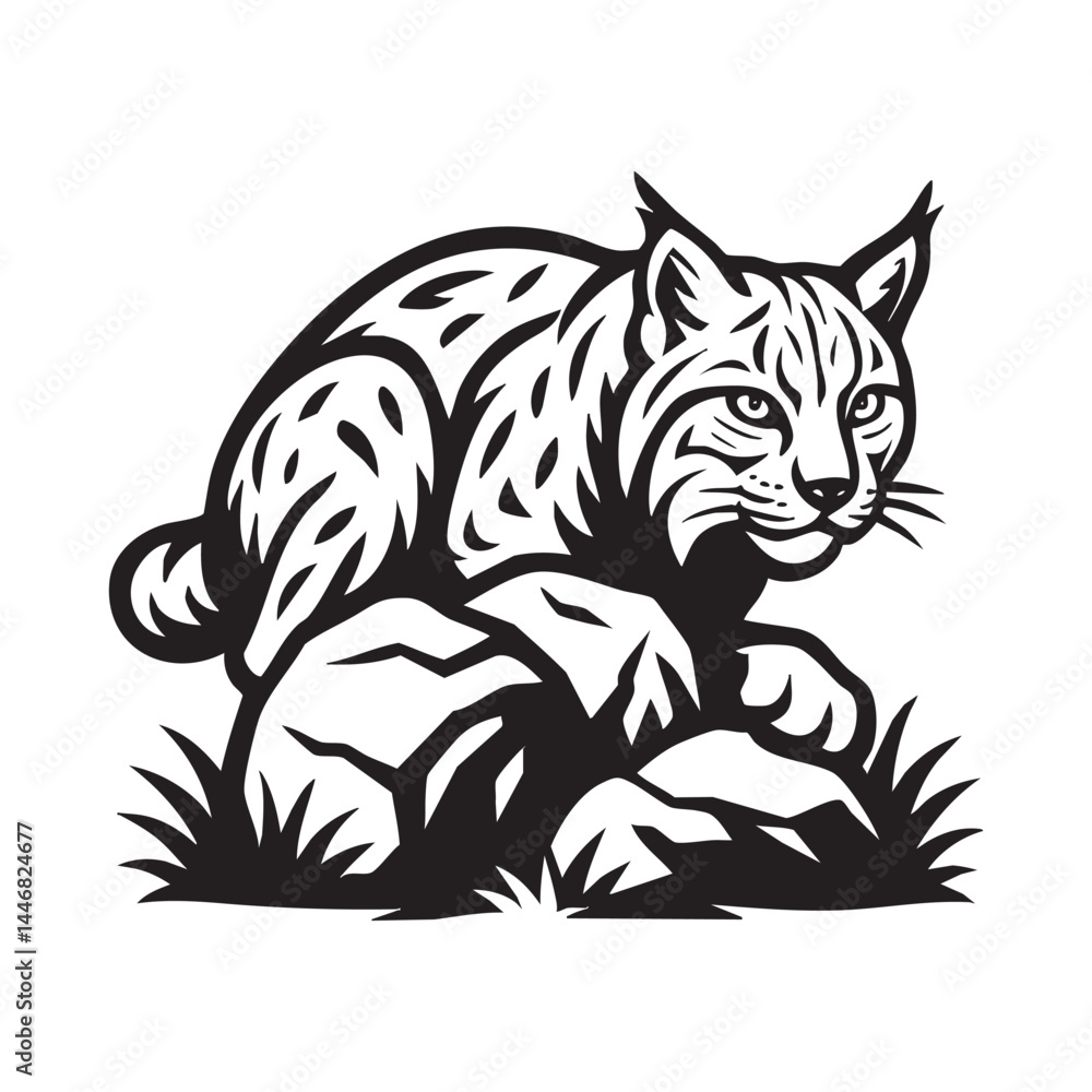 Bobcat crouching behind rocks vector illustration Bobcat crouching behind rocks vector illustration