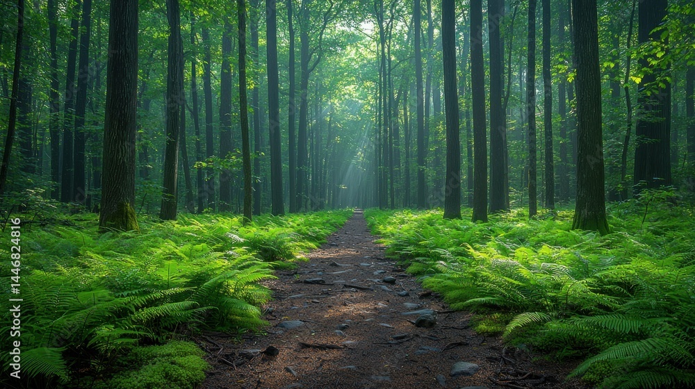 Obraz premium Sunlit path through a lush, misty forest