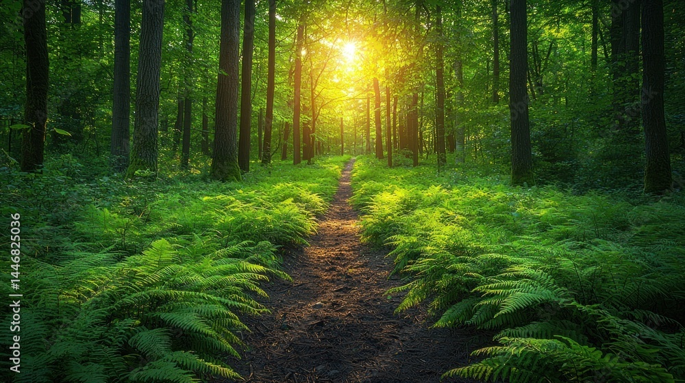 Fototapeta premium Sunlight streams through lush forest path