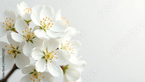 Delicate white blossoms against pure white background, vibrant, pastel