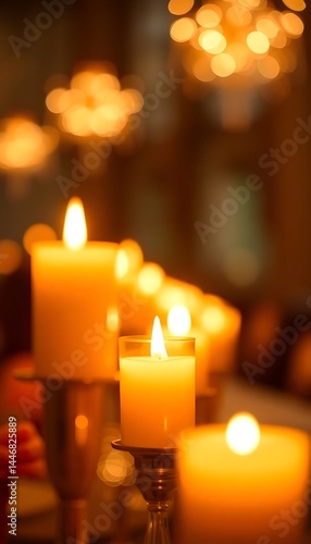 group of lit candles sitting on top of a table