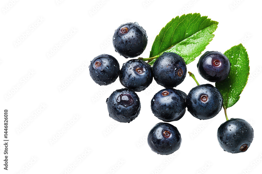 Cluster of dark, round berries with vibrant green leaves, presented against a plain black background. The berries appear wet and fresh. Cluster of dark, round berries with vibrant green leaves, presented against a plain black background. The berries appear wet and fresh.