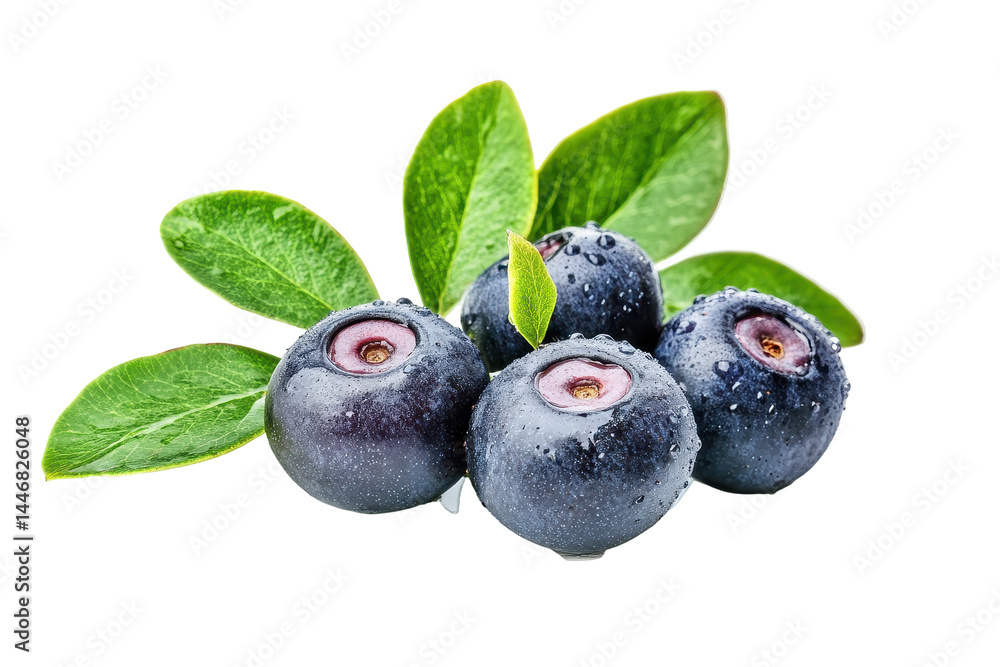 Close-up view of a bunch of blueberries with green leaves, showcasing their vibrant color and detailed texture. Water droplets add a dewy effect. Close-up view of a bunch of blueberries with green leaves, showcasing their vibrant color and detailed texture. Water droplets add a dewy effect.