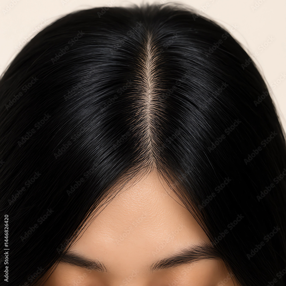 Naklejka premium healthy and thick black hair of women seen from above. neat hair separation