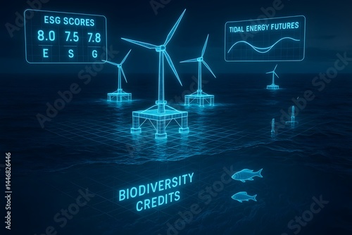 Futuristic renewable energy concept showcasing wind turbines at sea with ESG data, tidal energy futures, and biodiversity credits, representing sustainable technology.