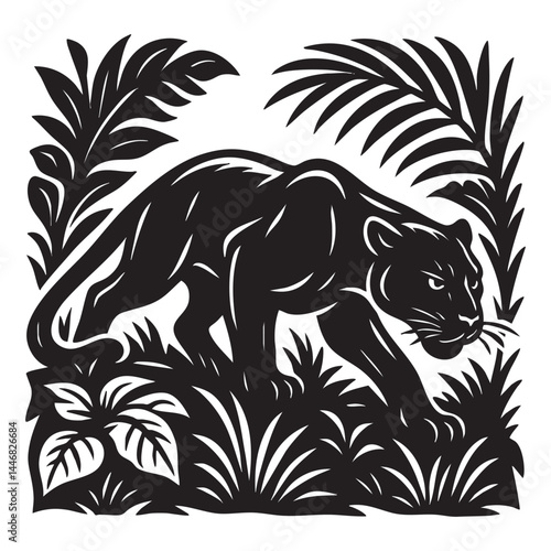 Black panther stalking in jungle vector illustration