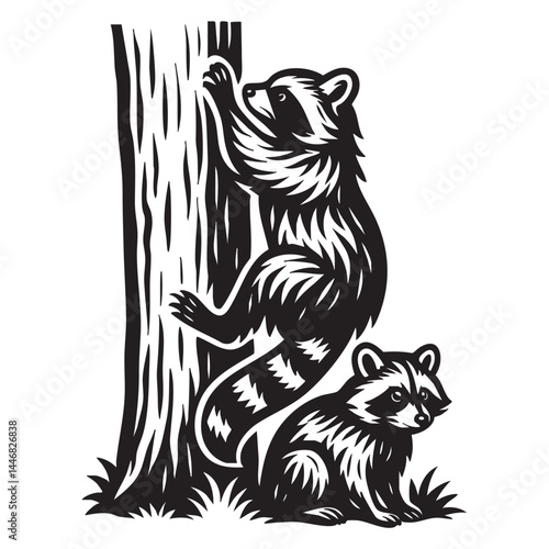 Raccoon climbing tree vector illustration