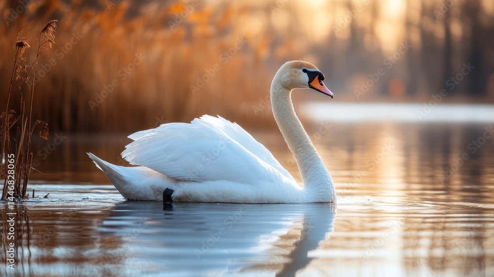 Fototapeta premium Elegant swan gliding serenely across reflective water at sunset landscape