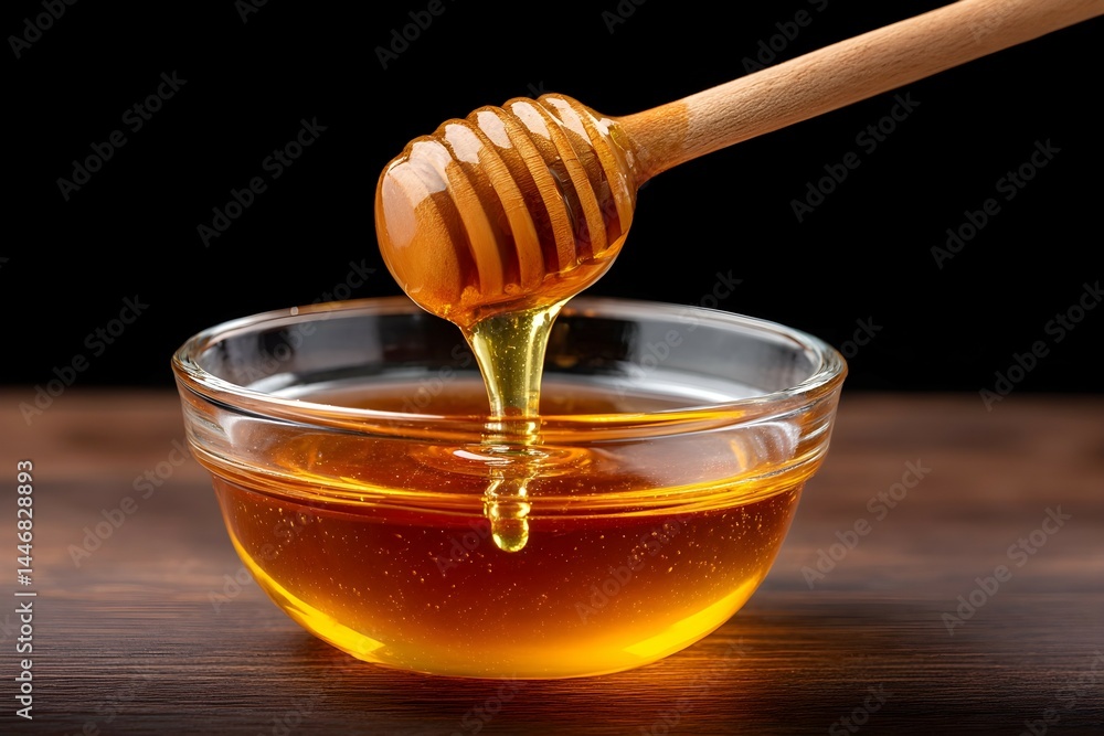 A spoonful of honey is poured into a glass bowl A spoonful of honey is poured into a glass bowl