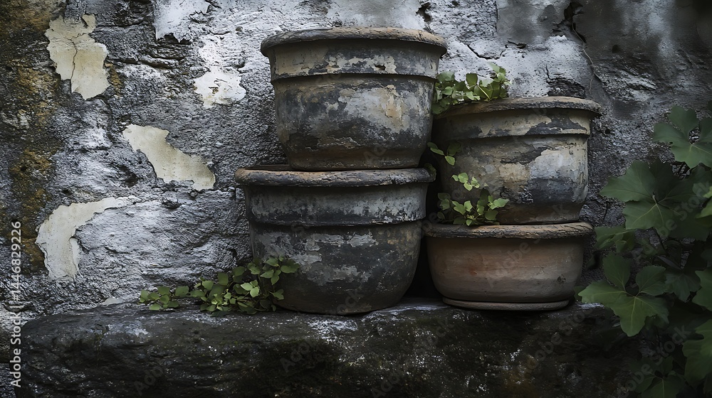 Obraz premium Aged terracotta pots clustered on a weathered stone ledge.
