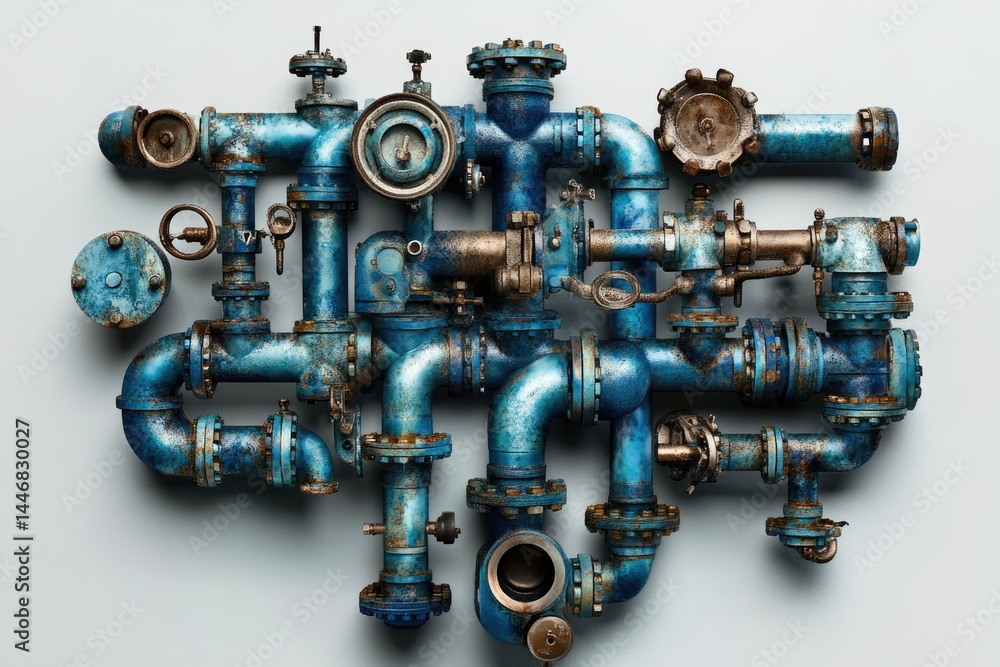Intricate network of blue rusty pipes and valves, complex industrial plumbing system. Intricate network of blue rusty pipes and valves, complex industrial plumbing system.