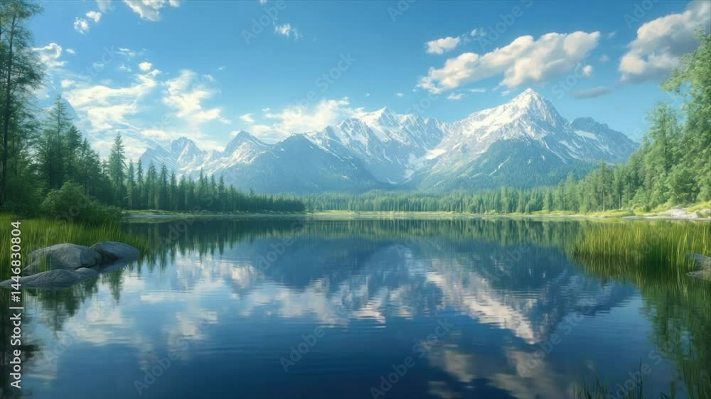Serene mountain lake landscape. Tranquil reflections of snowy peaks and clouds on calm water. Lush greenery surrounds the lake Serene mountain lake landscape. Tranquil reflections of snowy peaks and clouds on calm water. Lush greenery surrounds the lake