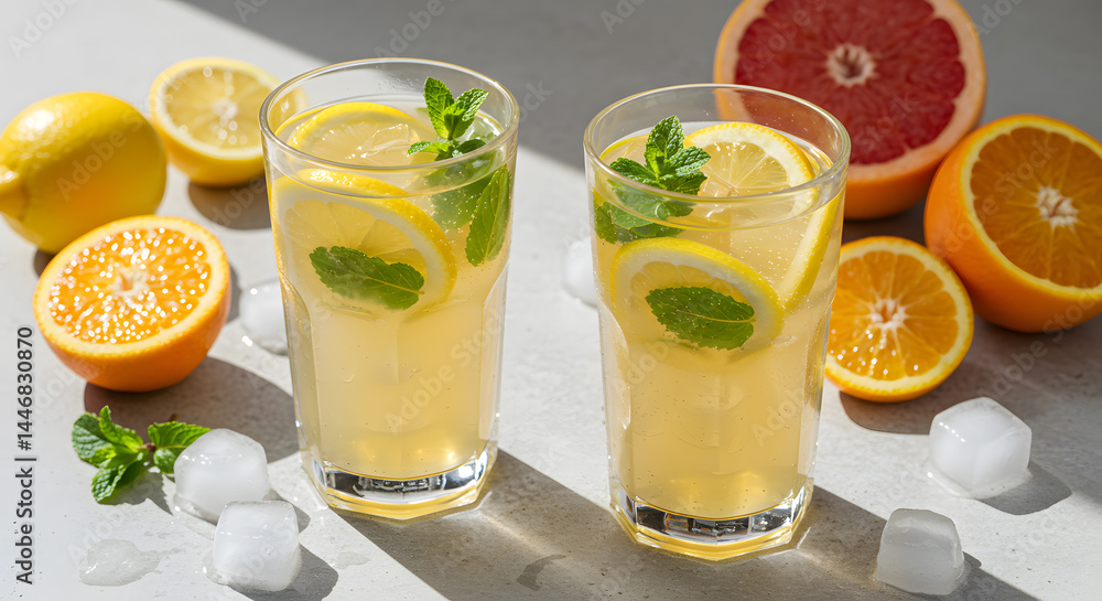 Fototapeta premium Refreshing Citrus & Mint Iced Tea with Sunlight Shadows
