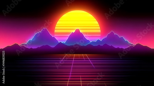 Retro synthwave sunset over mountain landscape