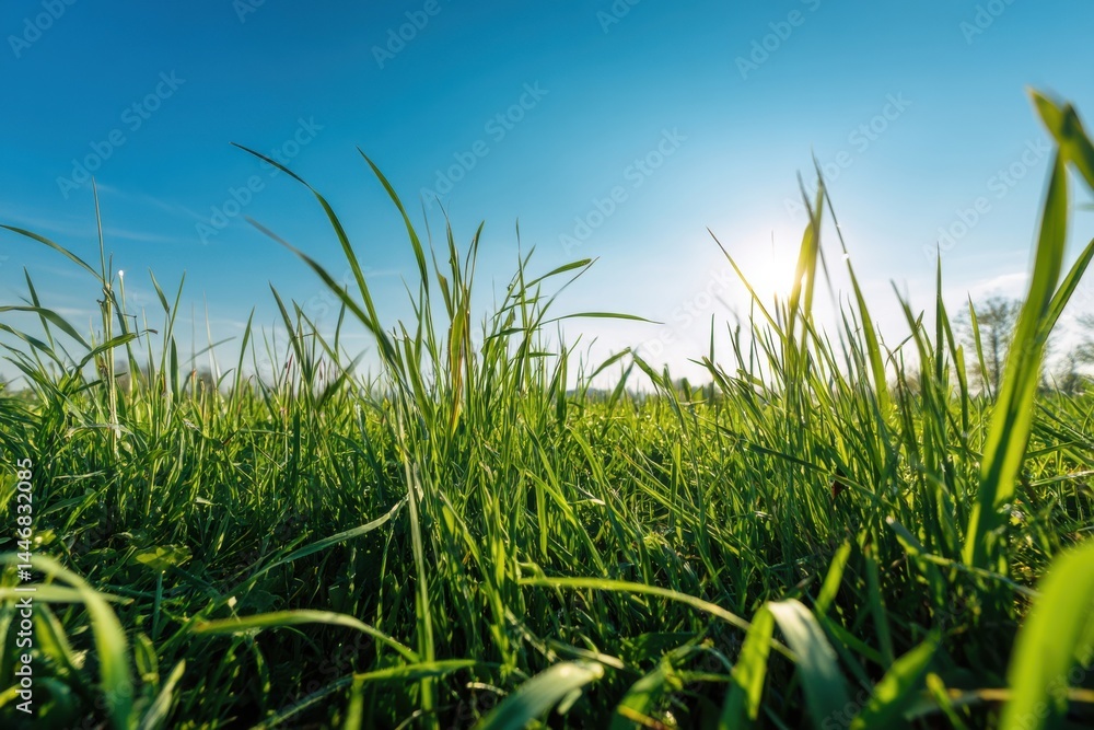 Obraz premium Sunny spring landscape with lush green grass and bright blue sky for nature lovers and outdoor enthusiasts