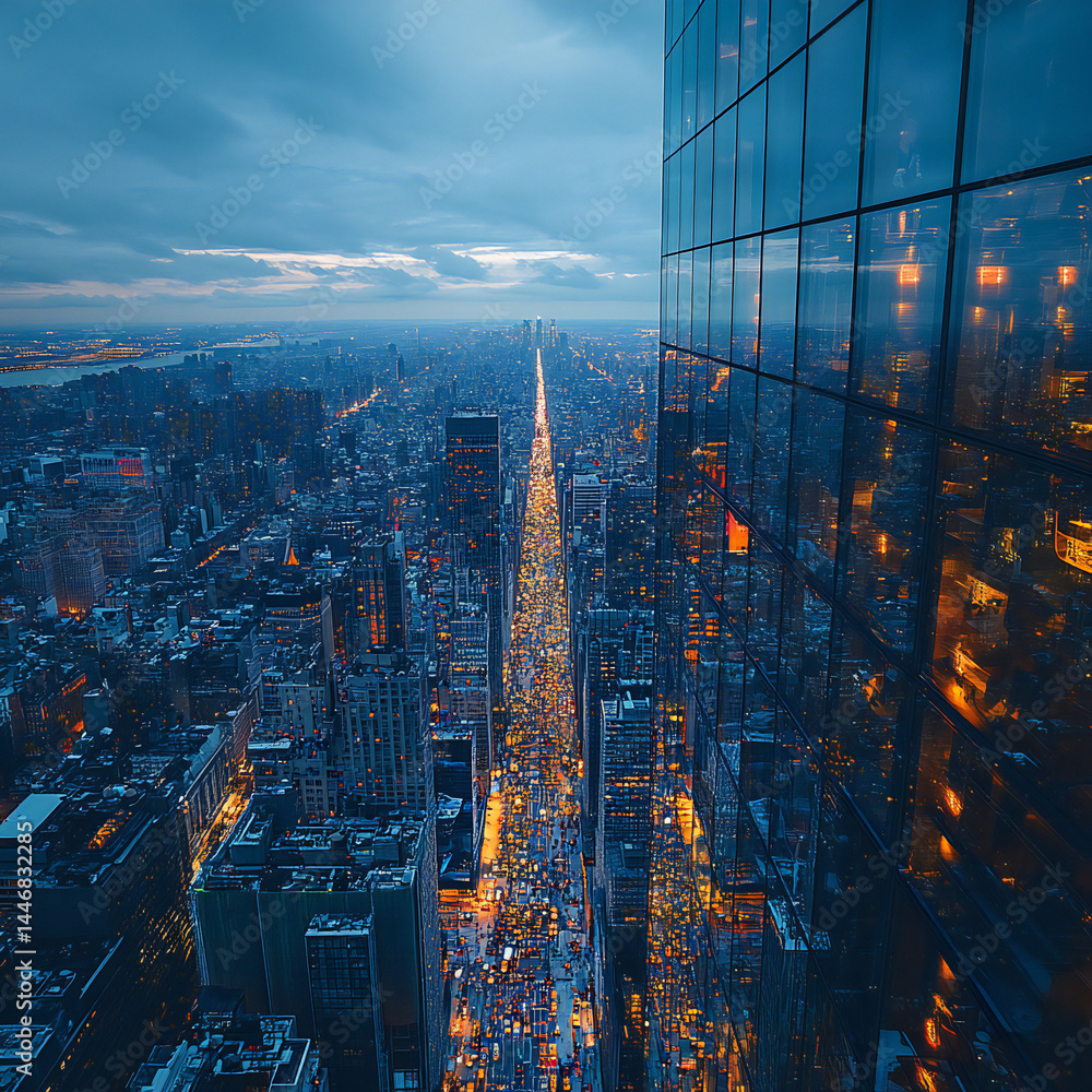 Fototapeta premium A breathtaking view of a city from a tall skyscraper, with the hustle and bustle of the streets below