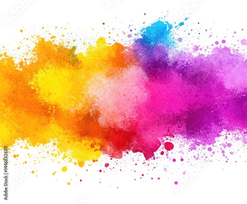 Vibrant color explosion; a horizontal burst of yellow, orange, red, pink, and blue hues with splatters on white