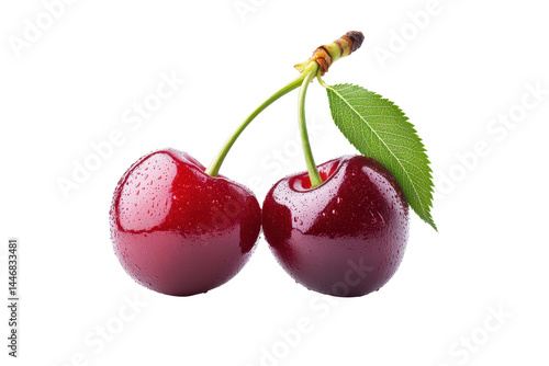 Close-up image of two perfect, glossy red cherries with leaves.  The cherries are set against a dark background.