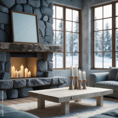 Mockup poster frame on rustic stone fireplace in cozy winter cabin living room with candles and wooden coffee table
