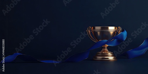 Gold trophy with blue ribbon on dark background (4)