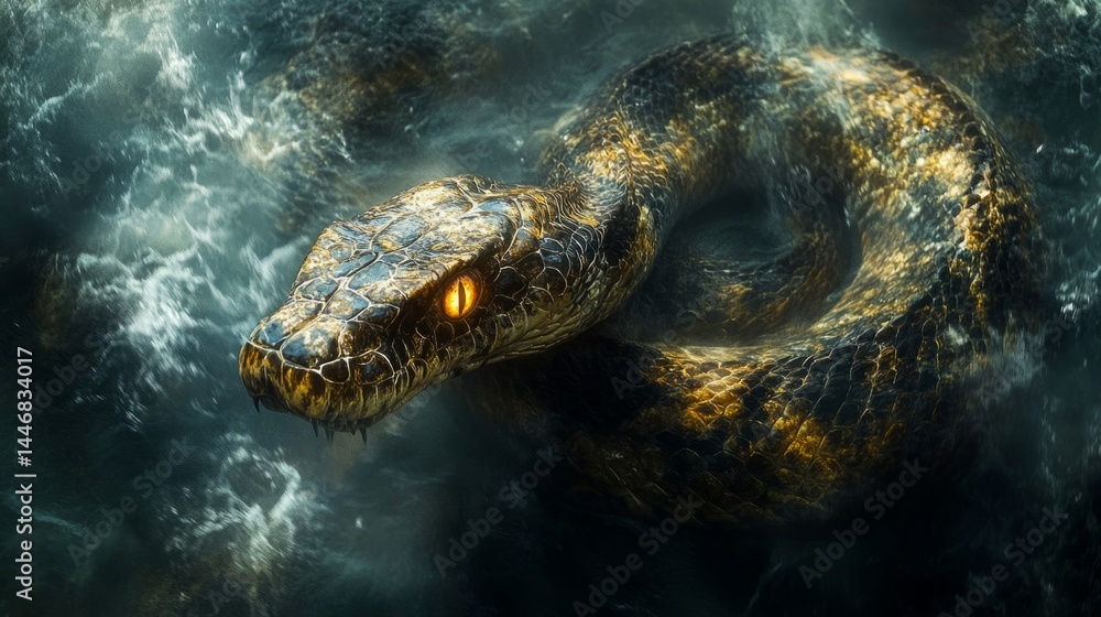 Fototapeta premium Golden Snake in Dark Water