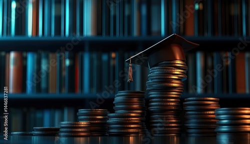 Graduation cap atop rising coin stacks, library backdrop