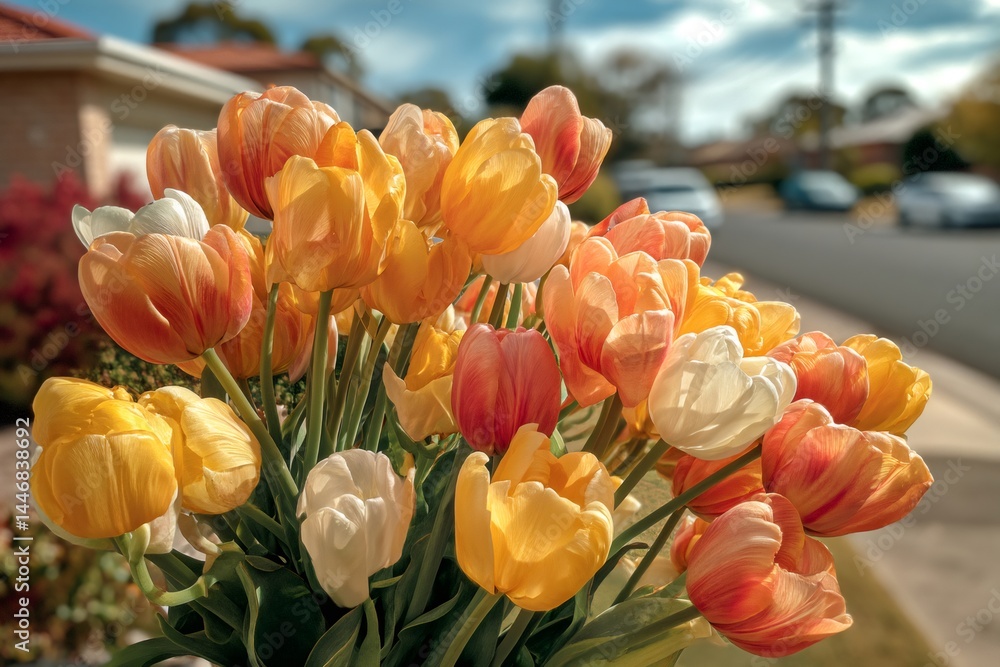Obraz premium Bouquet of orange, yellow and white tulips blooming in a suburban street