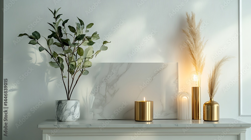 Stylish and design space of home interior with vintage cupboard, marble elegant accessories, hanging plant and gold table lamp. Cozy home decor. Minimalistic concept. Generative Ai Stylish and design space of home interior with vintage cupboard, marble elegant accessories, hanging plant and gold table lamp. Cozy home decor. Minimalistic concept. Generative Ai