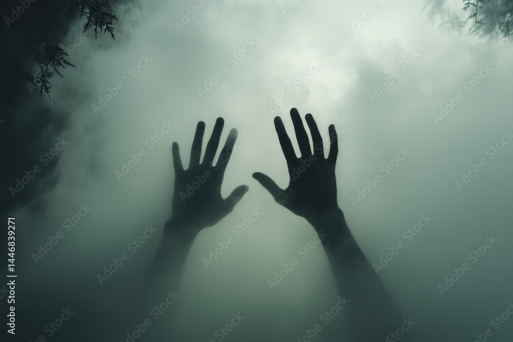 Mysterious Silhouette Hands Reaching Through Fog Dark Atmosphere Mystery art fear scary eerie panic Mysterious Silhouette Hands Reaching Through Fog Dark Atmosphere Mystery art fear scary eerie panic