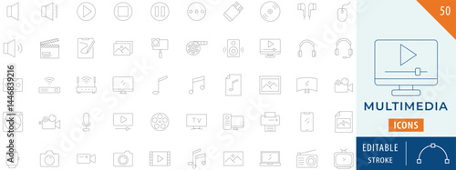 Multimedia Collection Icon Set. Containing telephone, speaker, laptop, microphone, music, and more. Editable Stroke. 
