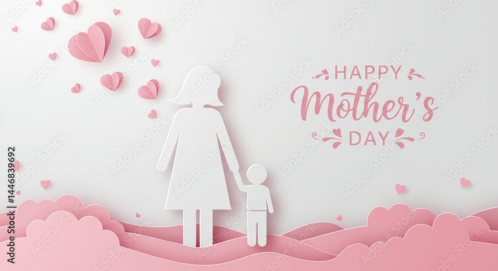Mother and child paper cutouts with hearts for Mother's Day on white background. Mother and child paper cutouts with hearts for Mother's Day on white background.