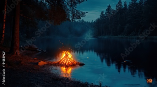 Night campfire by lake in forest
