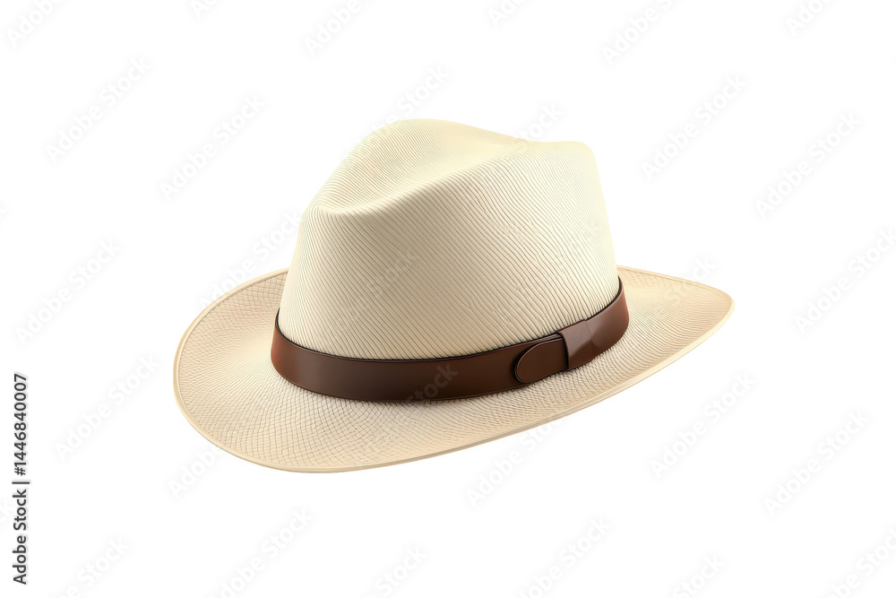 Light beige straw fedora with a brown leather band is featured in a shot. Light beige straw fedora with a brown leather band is featured in a shot.
