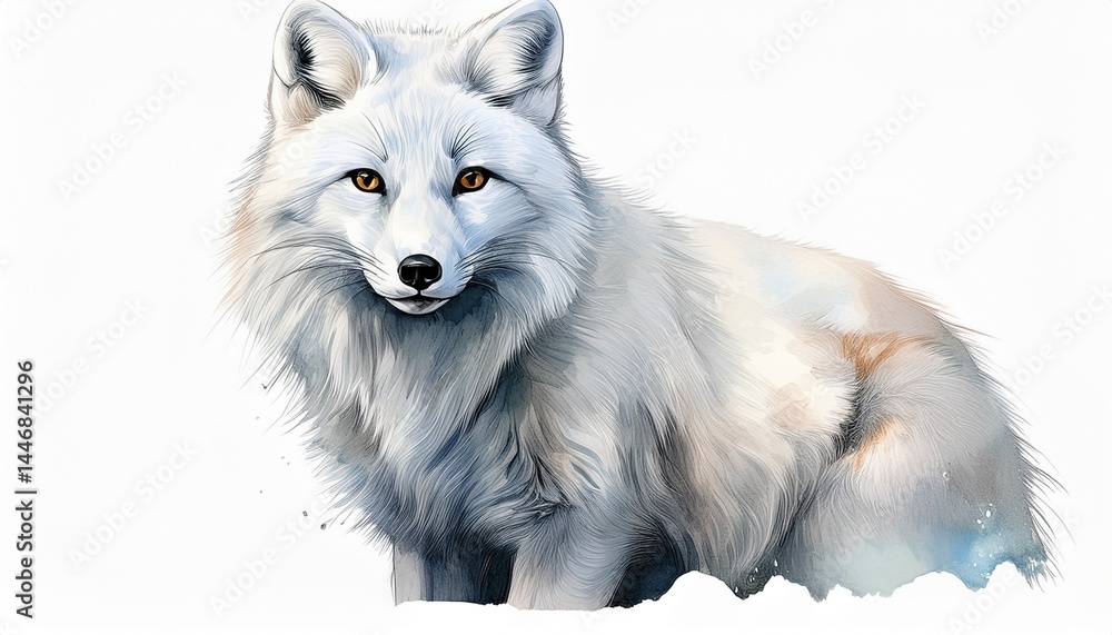 Naklejka premium Arctic fox. White Animal on an isolated white background, watercolor illustration